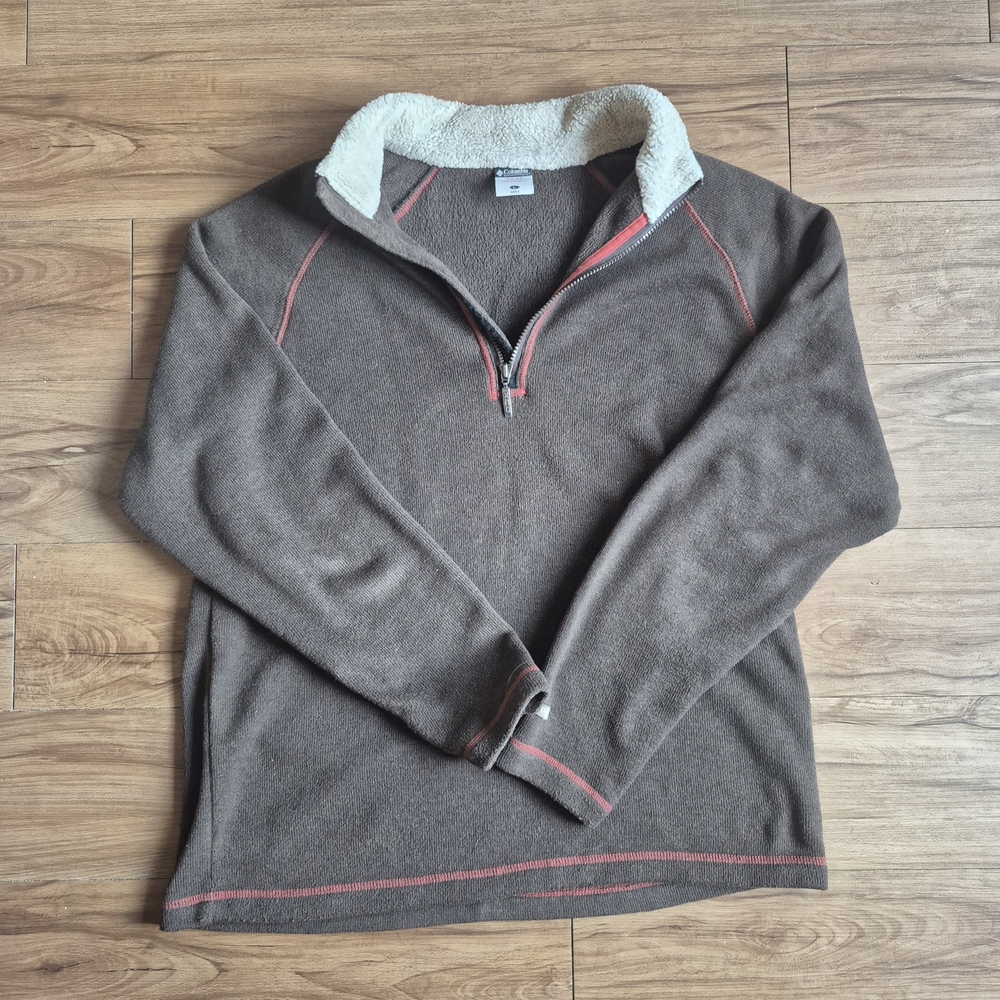 Large Columbia Men's Brown Quarter Zip Pull Over Sweater with Cream Collar